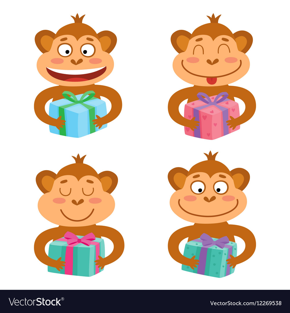 set with monkey emotion faces with gifts vector image