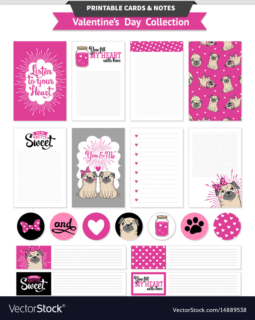 Valentines Day Printable Set Wih Funny Pugs Vector Image