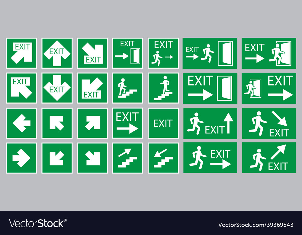 A lot of exit signs with white arrows on green