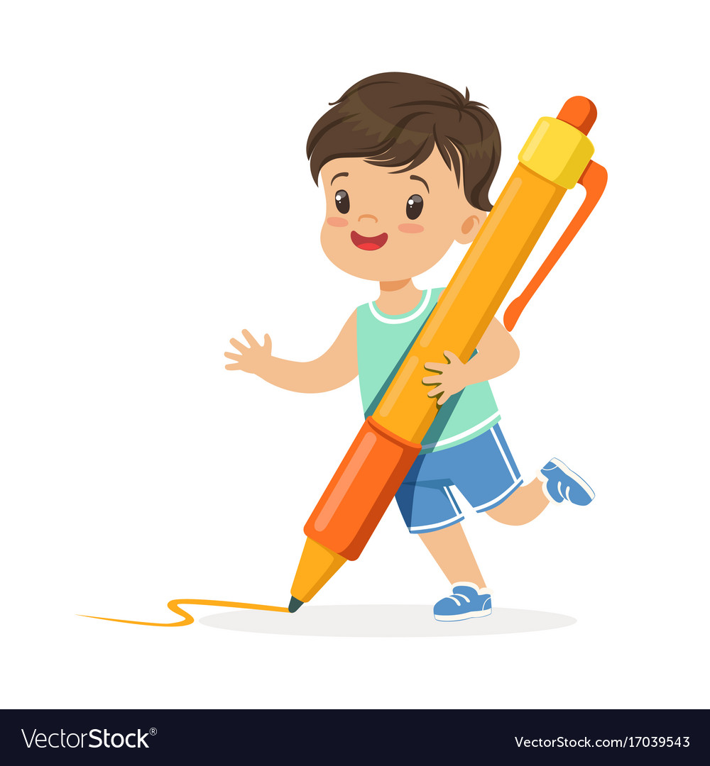 Cute little boy holding giant orange pen cartoon Vector Image