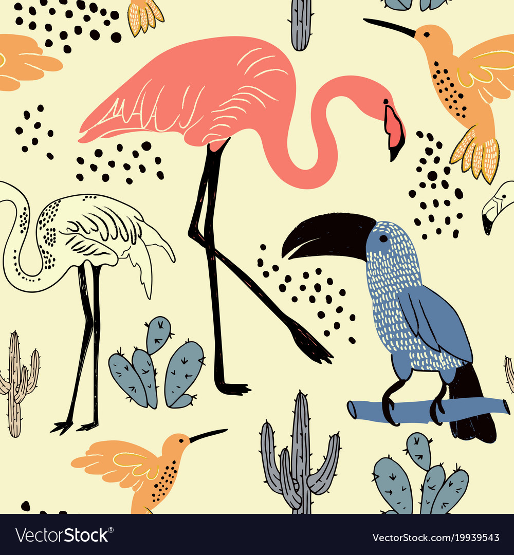 Flamingo Toucan Cacti Pattern