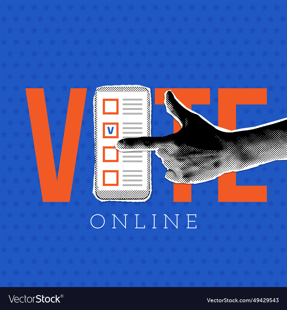 Hand touching smartphone with voting app vector image Hand touching smartphone with voting app