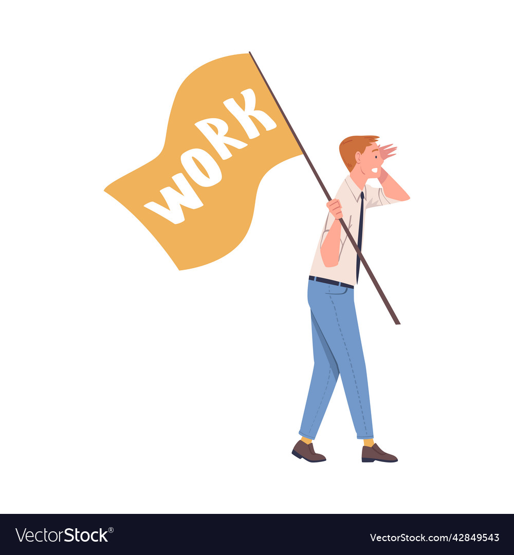 Man character working holding flag looking