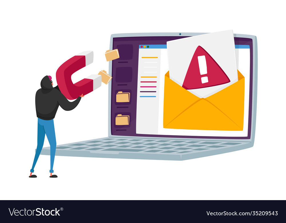 Tiny hacker character hacking personal data vector image Tiny hacker character hacking personal data
