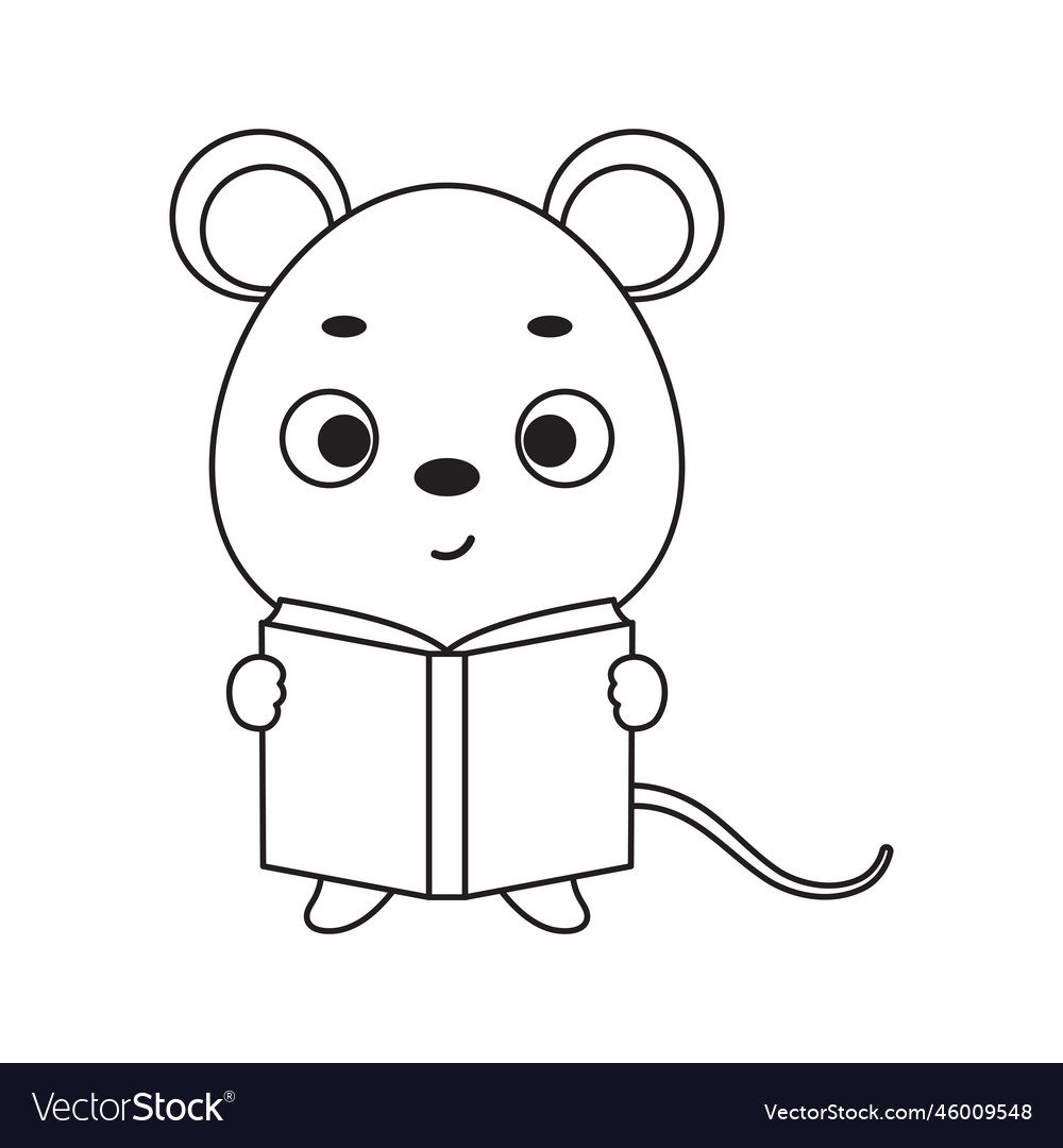 Coloring page cute little mouse reads book Vector Image