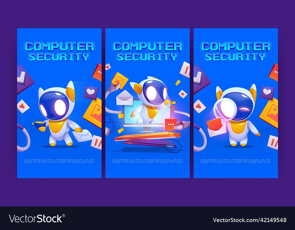 Computer security cartoon posters cute robots vector image Computer security cartoon posters cute robots