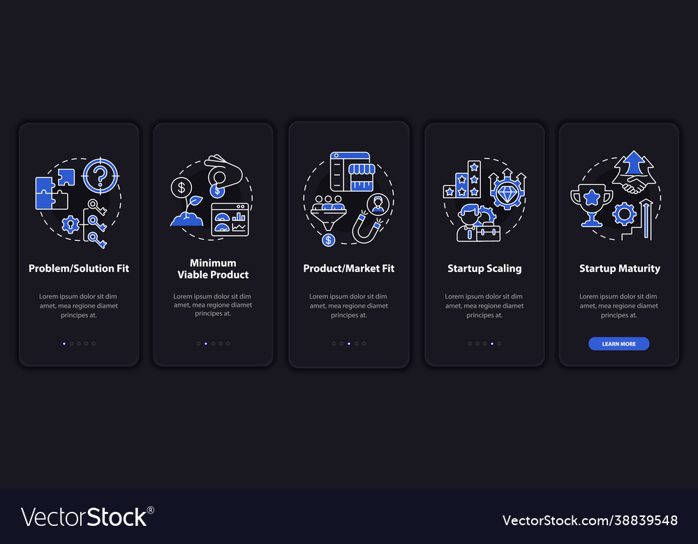 Startup lifecycle dark onboarding mobile app page vector image Startup lifecycle dark onboarding mobile app page