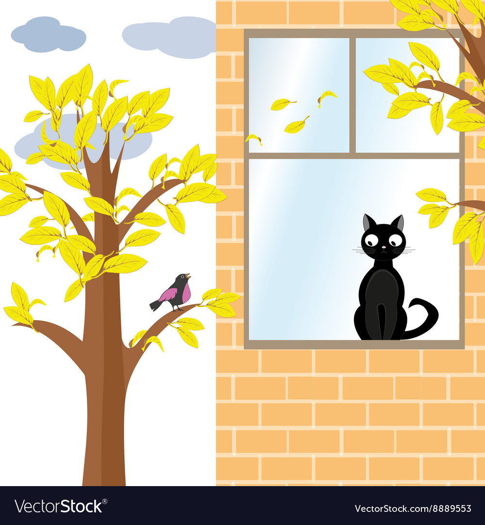 Cat and bird in autumn