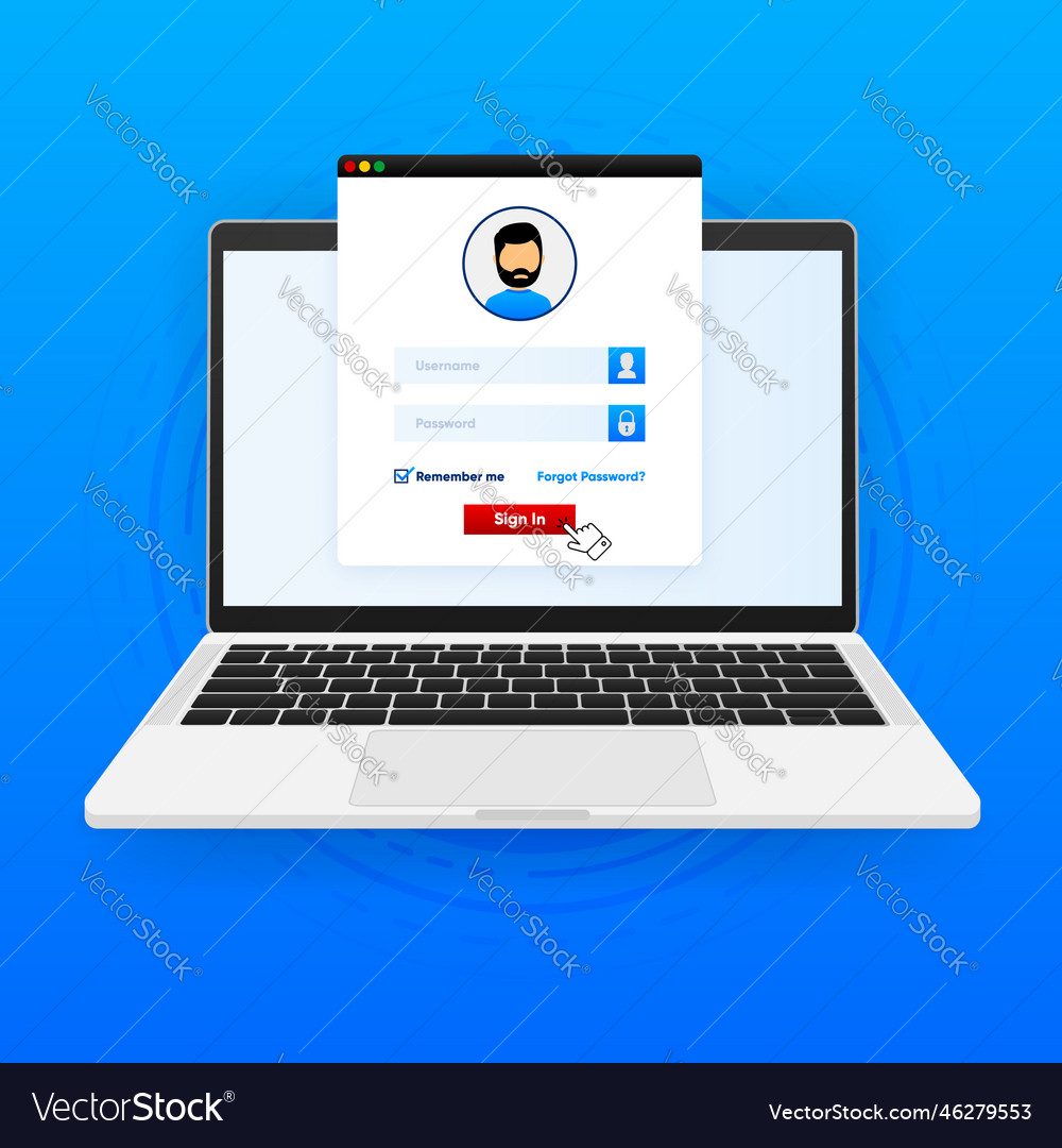 Laptop with login form and password page vector image Laptop with login form and password page
