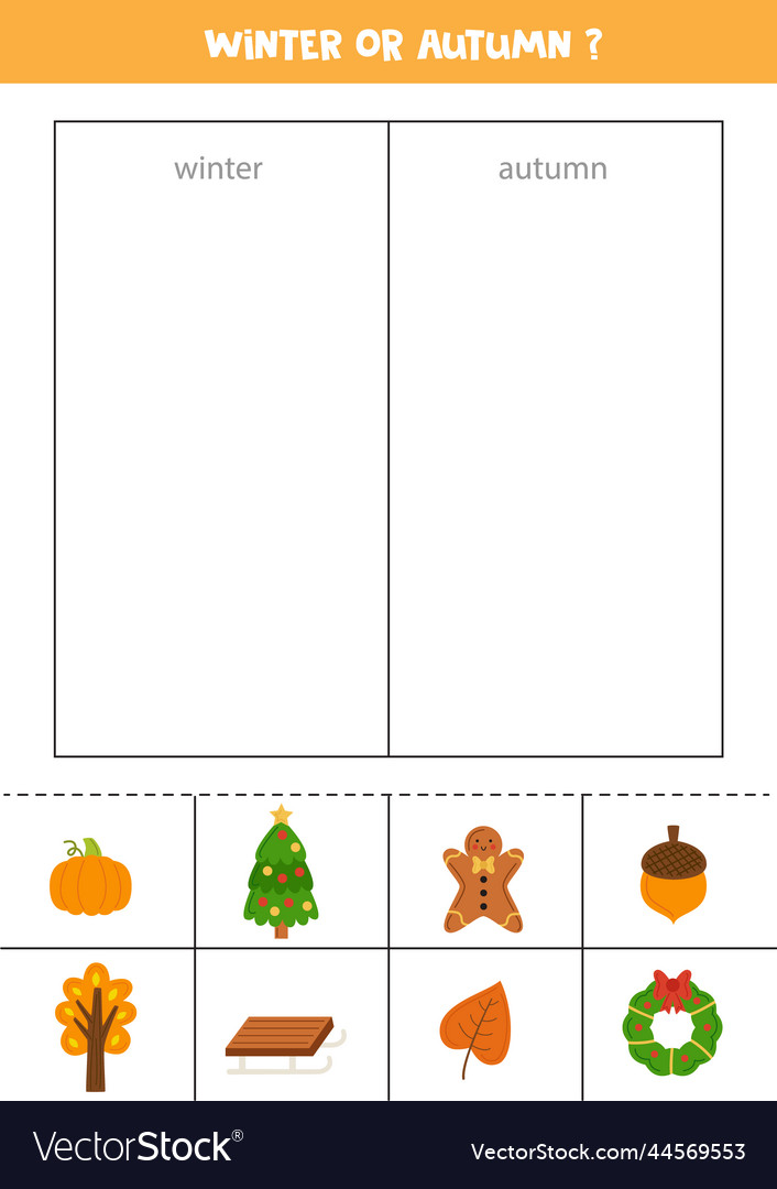 Sorting cards into autumn or winter logical game