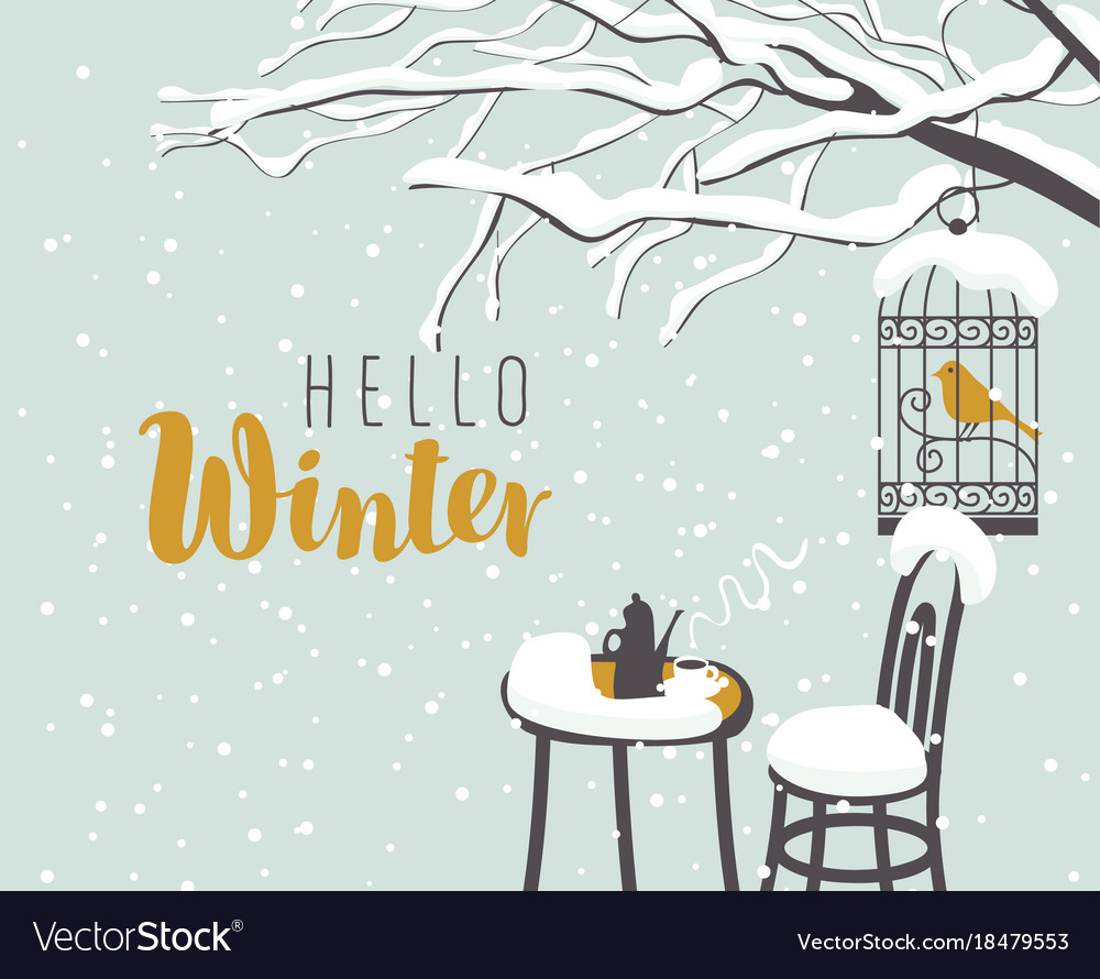 Winter street cafe under tree with bird in cage Vector Image