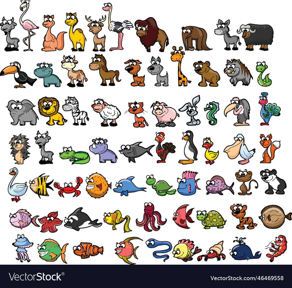 Big collection of cute cartoon animalsbirds and Vector Image