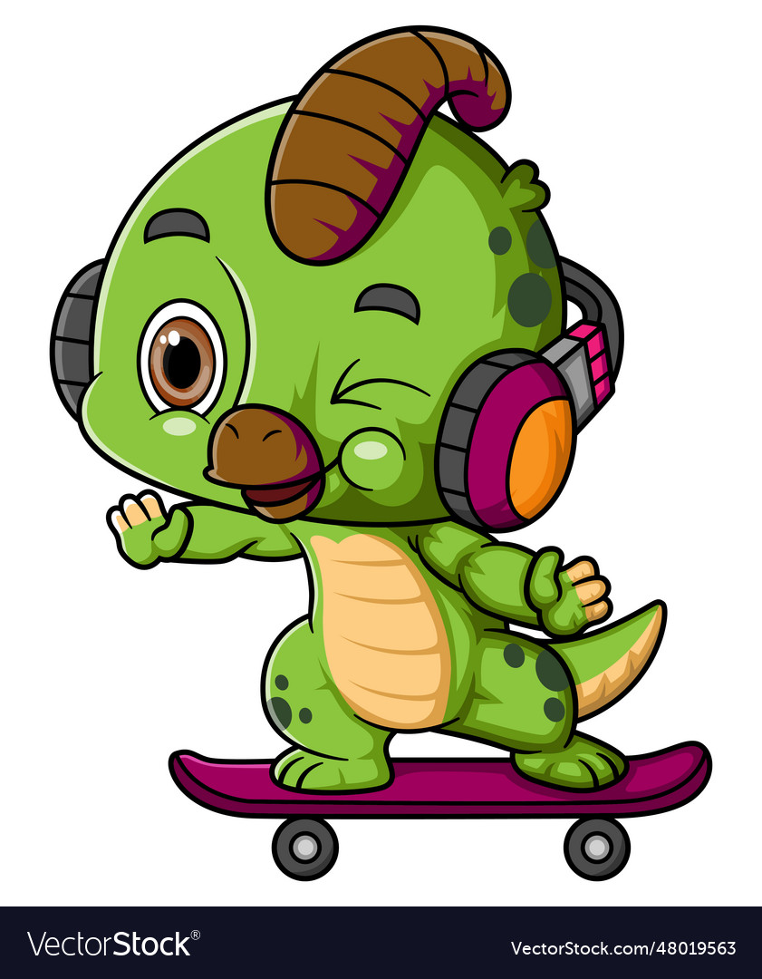 Cartoon baby parasaurolophus playing skateboard