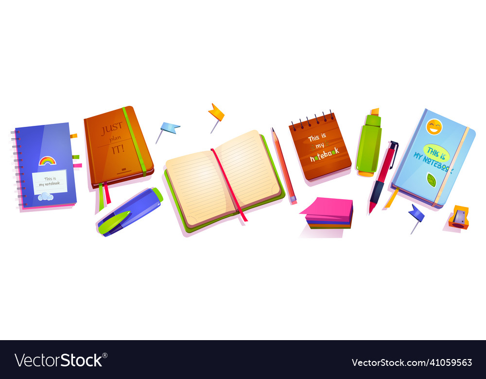 Stationery school supplies notebook pen pencil Vector Image