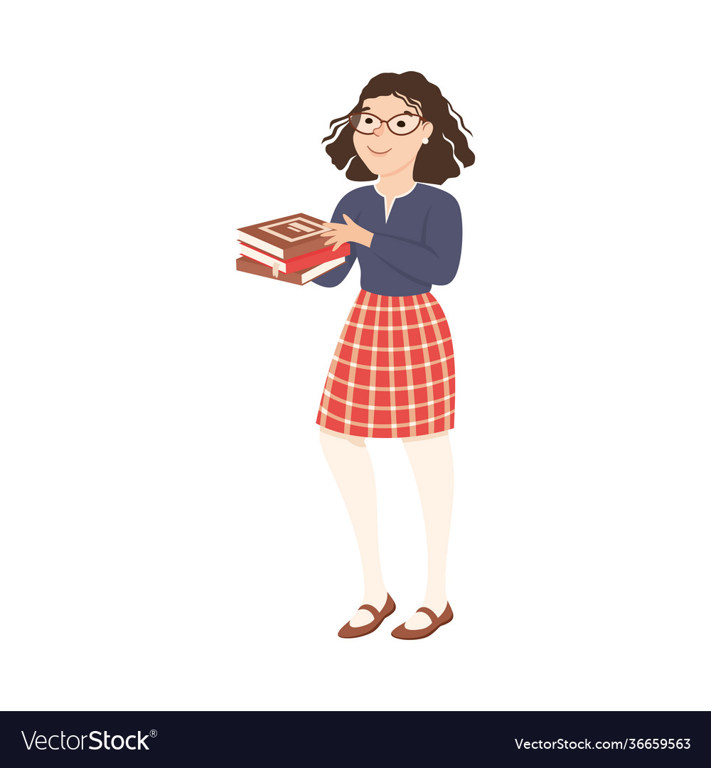 Woman school teacher or educator in checkered