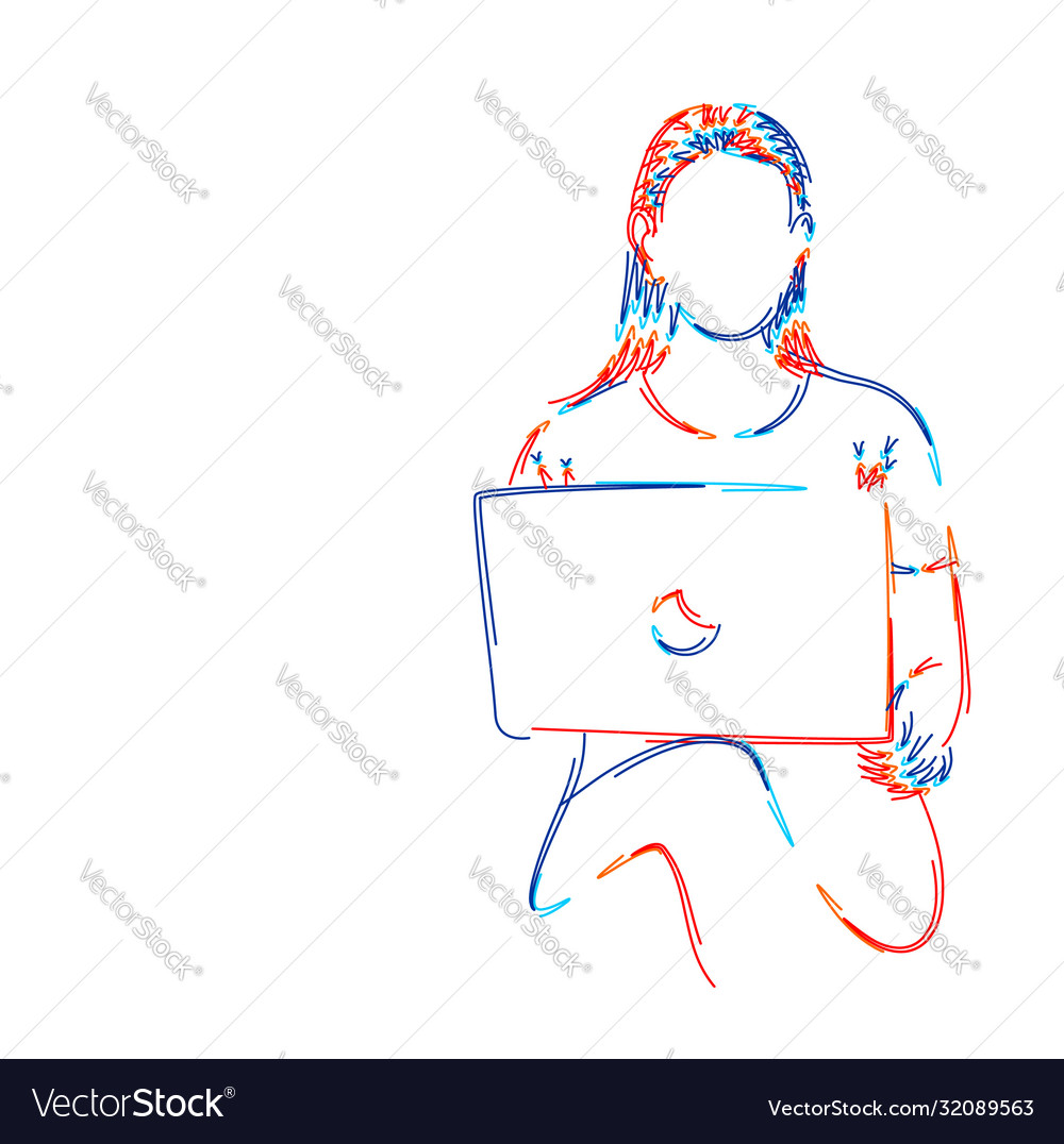 Young girl sitting with laptop 3d color line art