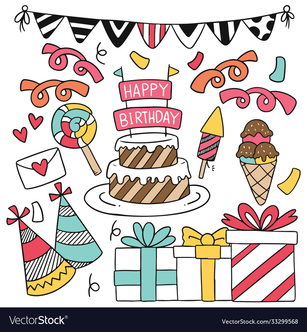 07-09-005 hand drawn party doodle happy birthday Vector Image