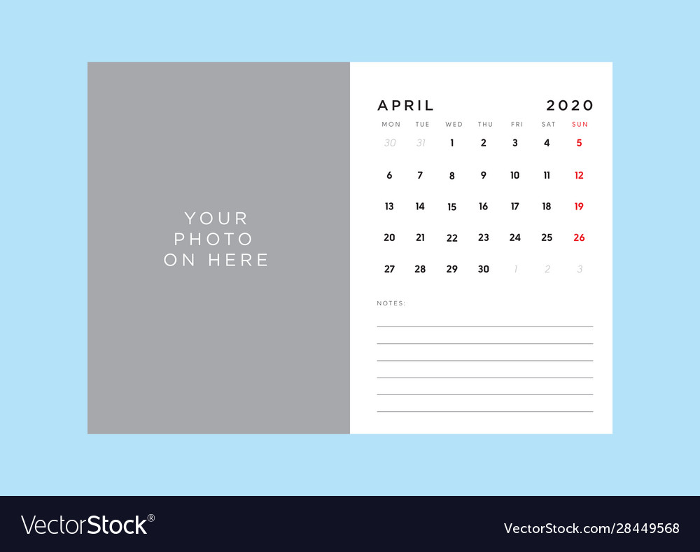 Calendar 2020 template in custom size Vector Image Calendar 2020 template in custom size