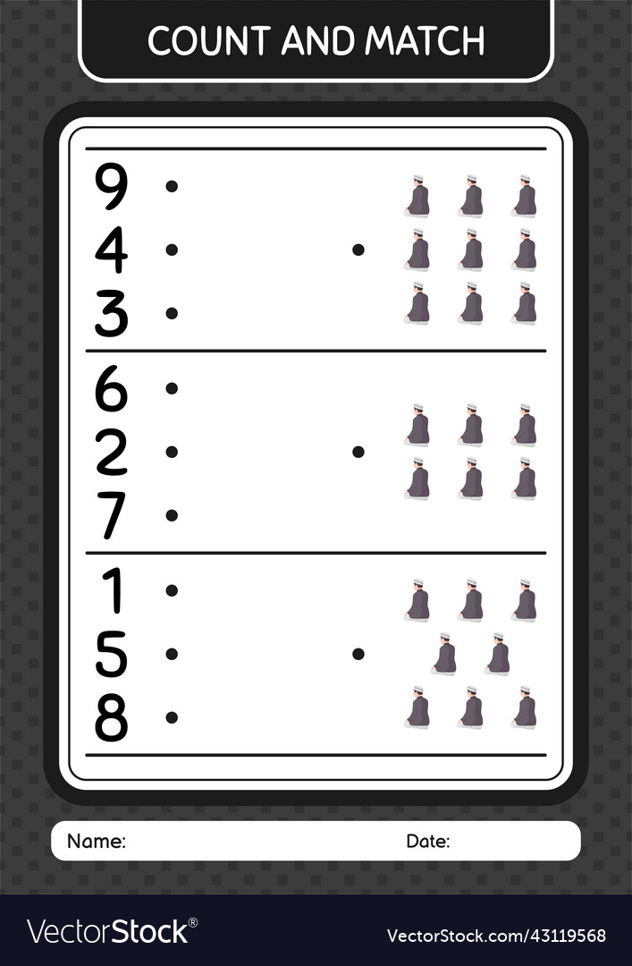 Count and match game with praying worksheet vector image Count and match game with praying worksheet