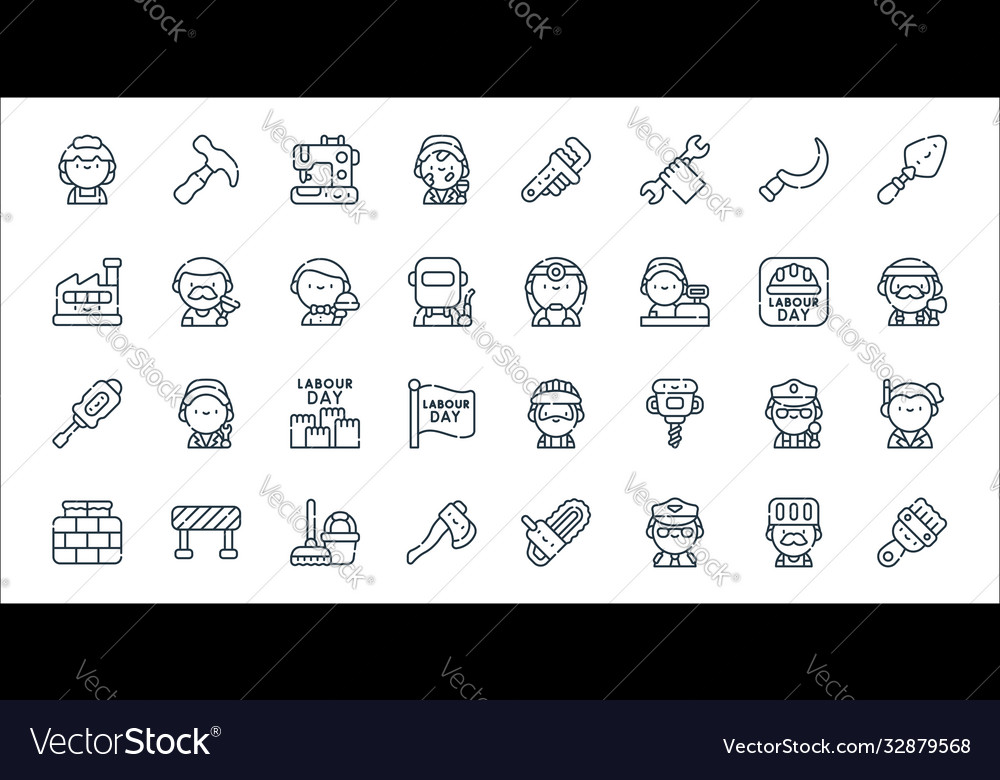 Labour day line icons linear set quality vector image Labour day line icons linear set quality