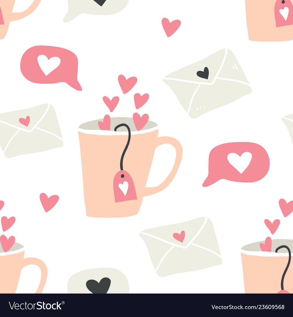 Seamless pattern with cups love letters hearts