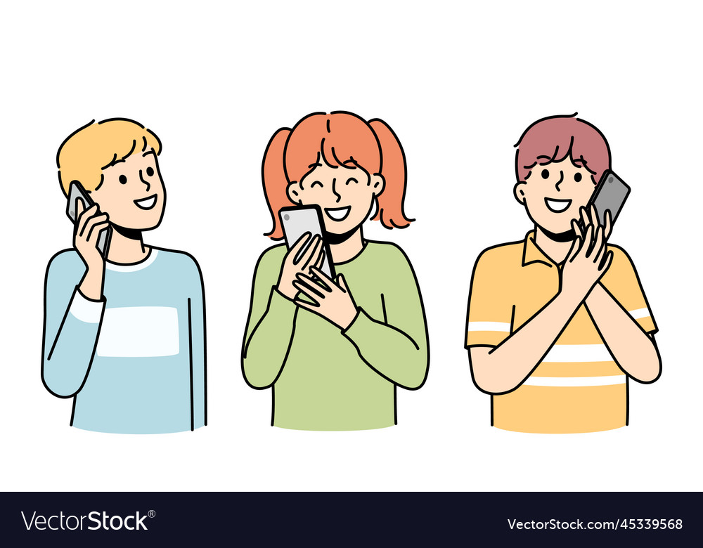 Smiling kids talking on cellphones