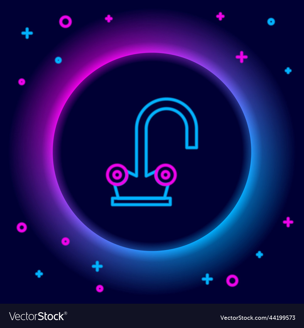 Glowing neon line water tap icon isolated on black