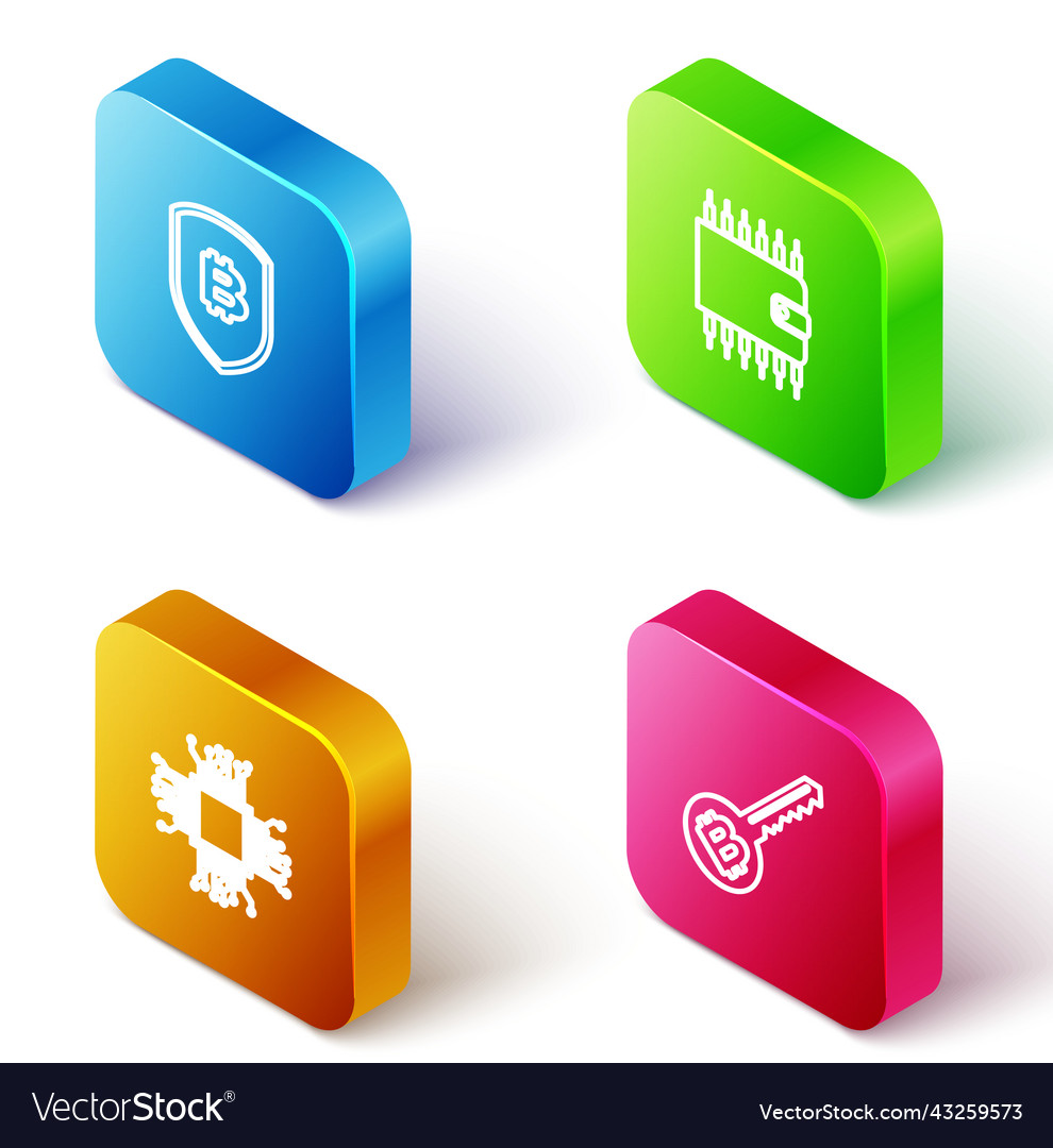 Set isometric line shield with bitcoin vector image Set isometric line shield with bitcoin