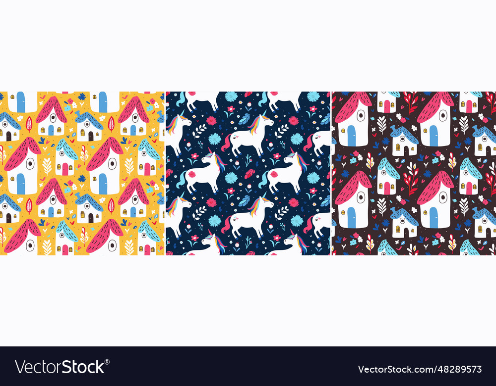 Set of fairytale seamless patterns with unicorns vector image Set of fairytale seamless patterns with unicorns