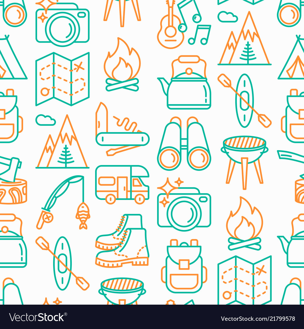 Outdoor seamless pattern with thin line icons