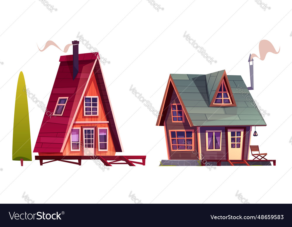 Forest wooden cabin house isolated cartoon set Vector Image