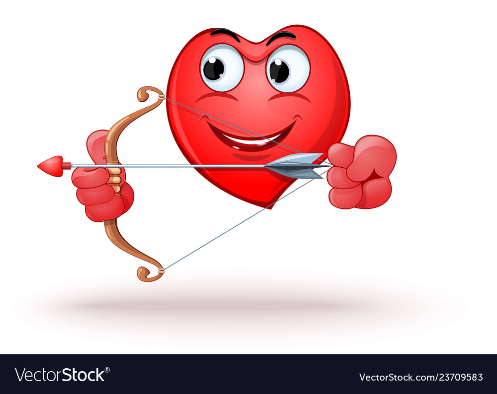 Funny cartoon heart shaped character shoots a bow