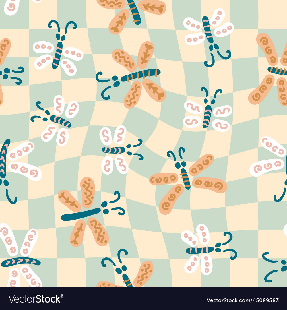 Seamless pattern with butterflies on checkered