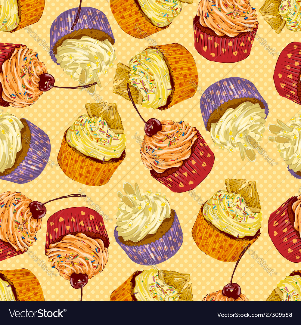 Colorful delicious cupcakes seamless pattern vector image Colorful delicious cupcakes seamless pattern