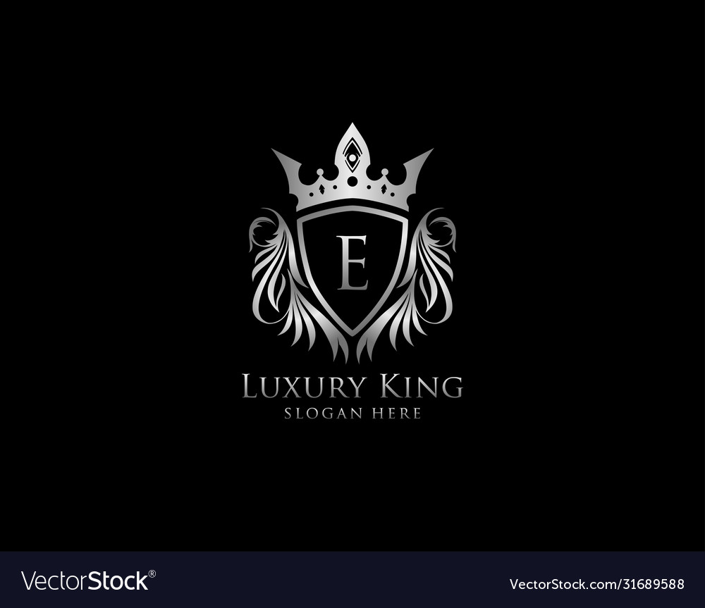 E letter luxury royal king crest silver shield