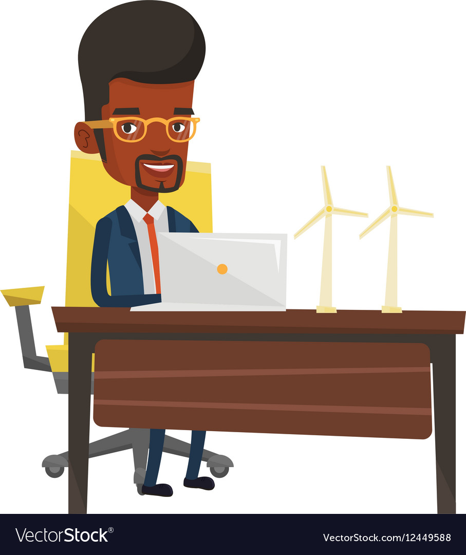 Man working with model wind turbines on the table