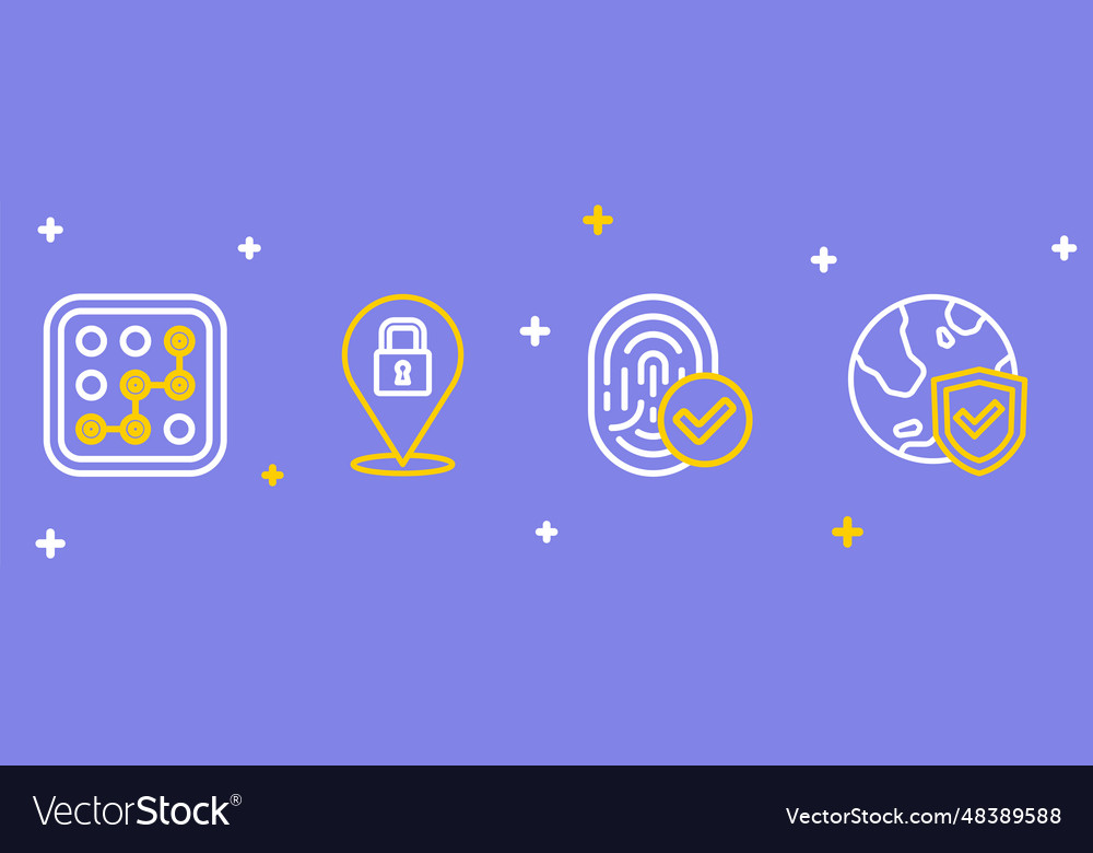 Set line shield with world globe fingerprint lock vector image Set line shield with world globe fingerprint lock