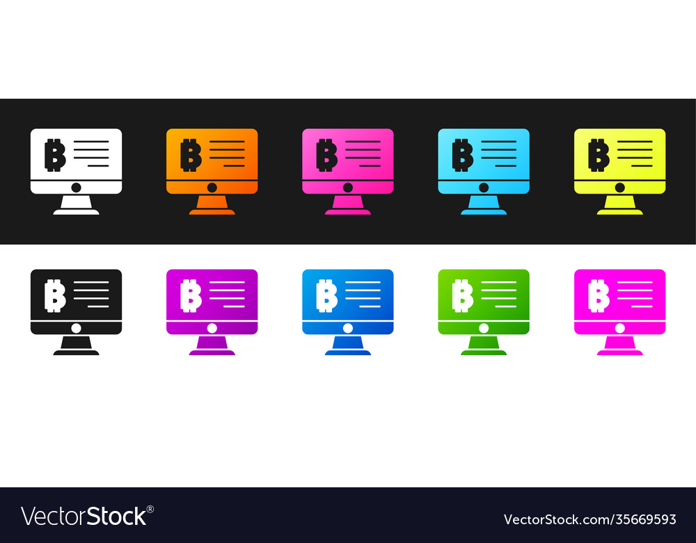 Set mining bitcoin from monitor icon isolated vector image Set mining bitcoin from monitor icon isolated