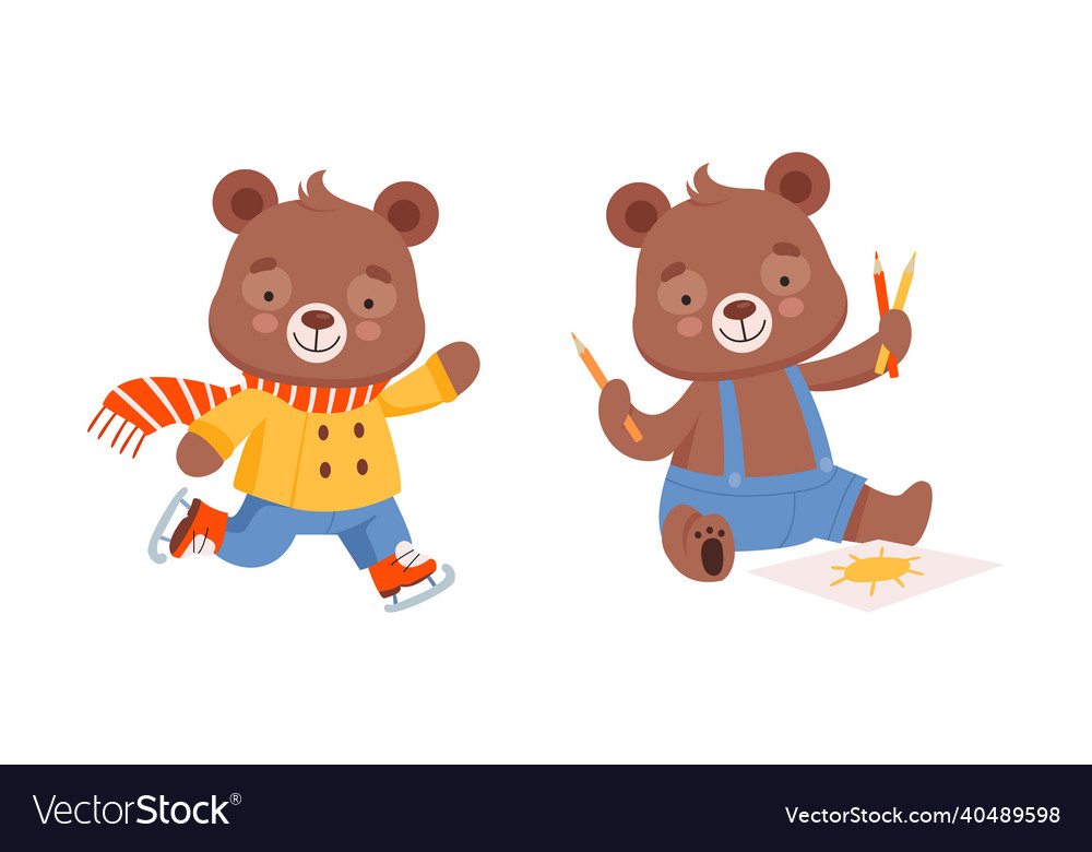 Cute teddy bear character ice skating in winter Vector Image