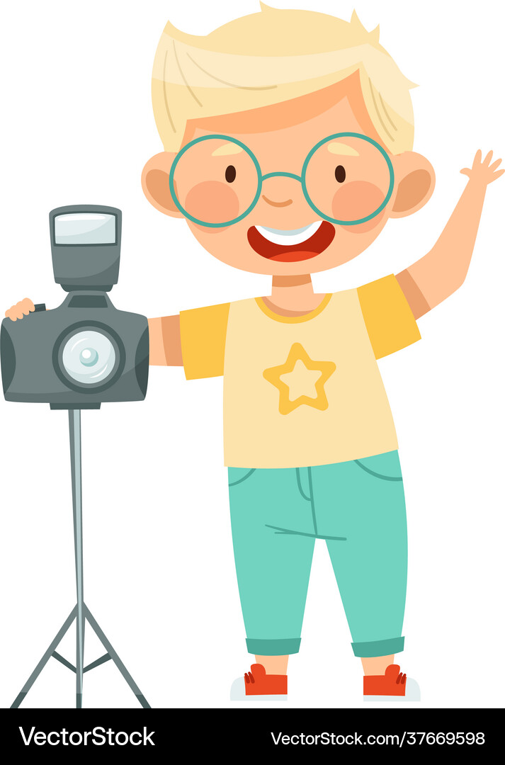 Little blond boy with camera on stand taking Vector Image