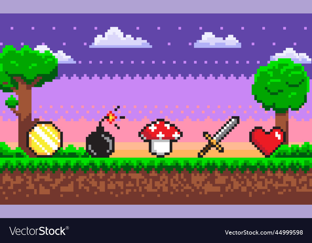 Pixel Game Scene Background And Icons Royalty Free Vector Pixel Game Scene Background And Icons Royalty Free Vector