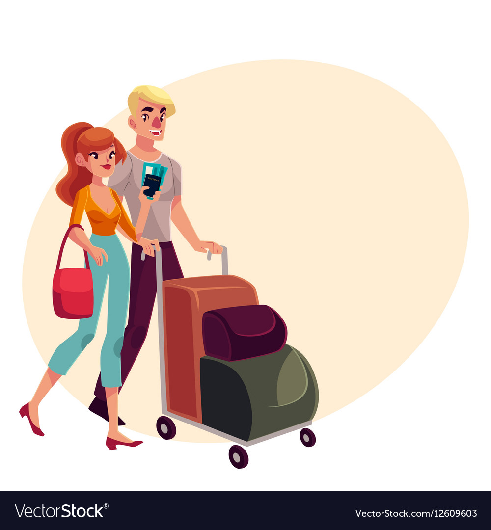 Man and woman travelling together going