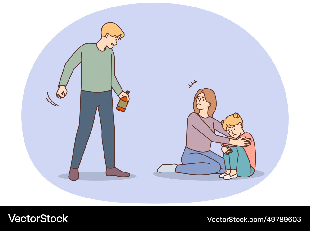 Scared mother protect child from drunk father Vector Image