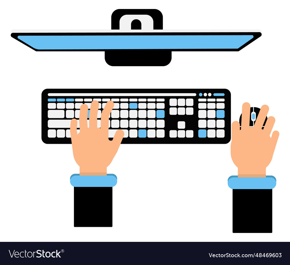 Workplace top view human hands on computer Vector Image