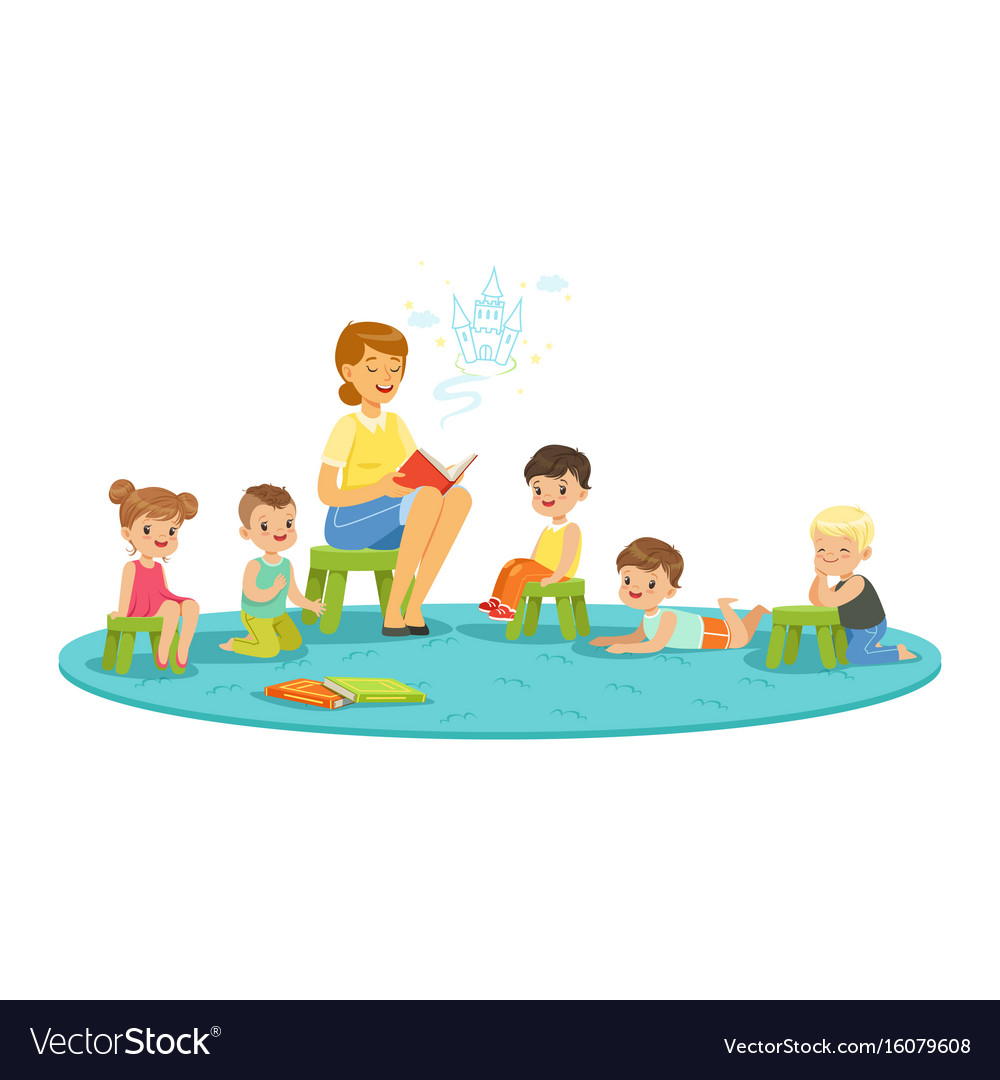 Teacher reading a fairytale to kids children Vector Image