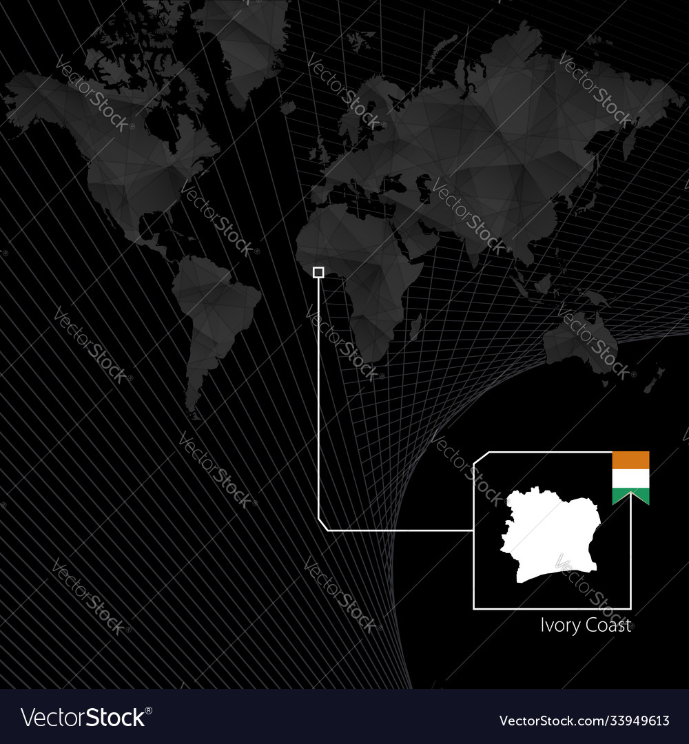 Ivory coast on black world map and flag