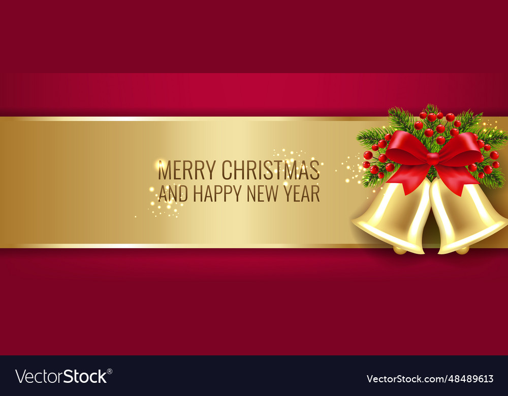 Xmas golden banner with bells and holly berry red