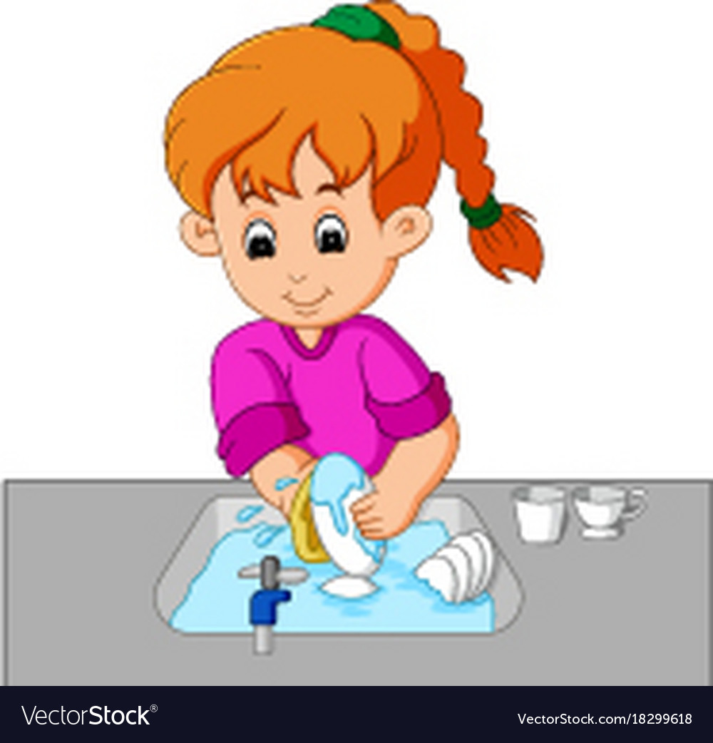 Girl Washing Dishes Royalty Free Vector Image Vectorstock 