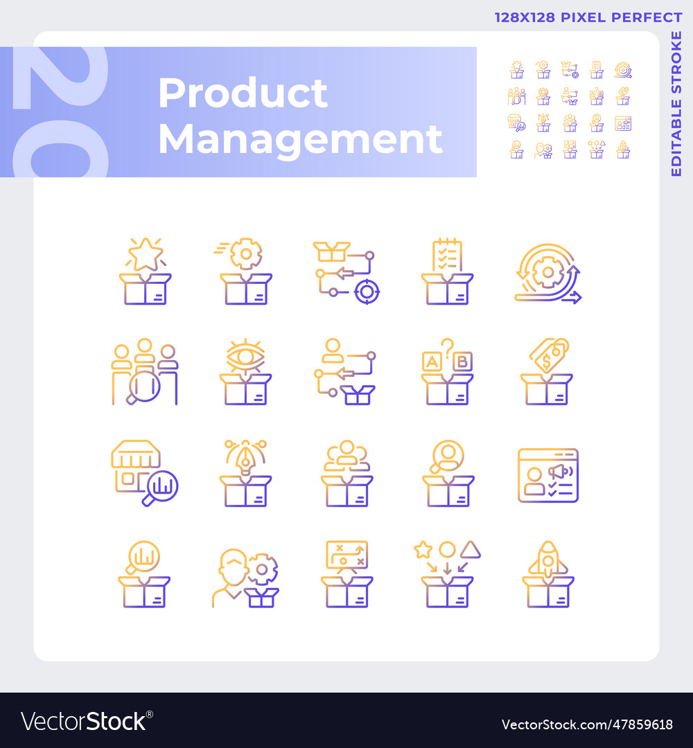 Gradient pixel perfect product management icons vector image Gradient pixel perfect product management icons