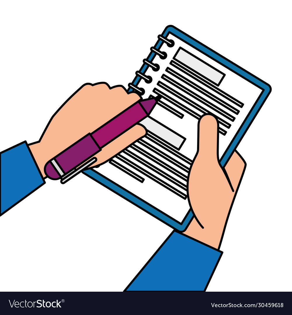 Hands with notebook and pen isolated icon